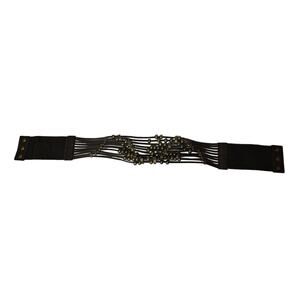 Vintage ANGIE Wide Brown Beaded Faux Leather Elastic Stretch Snap Closure‎ Belt
